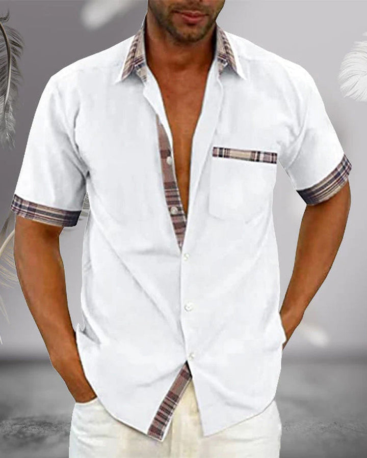 Men’s Short Sleeve Shirt – Regular Fit – Breathable Blend – Plaid Trim Casual Style