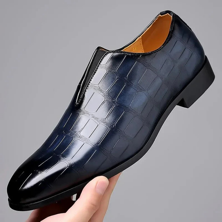 Men’s Dress Shoes - Glossy Leather - Crocodile Texture - Slip-On Low Top
