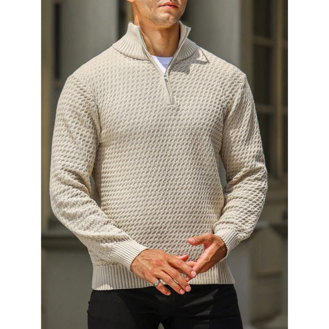 Men’s Half-Zip Sweater – Textured Knit – Tailored Fit – Ribbed Collar & Cuffs
