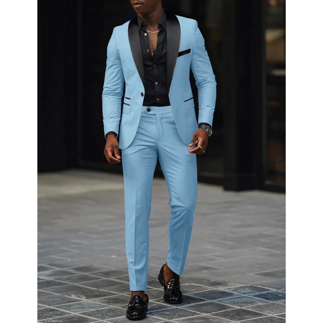 Men’s Slim Fit Suit – Tailored Two-Piece Set – Satin Shawl Lapel – Formal Wool Blend