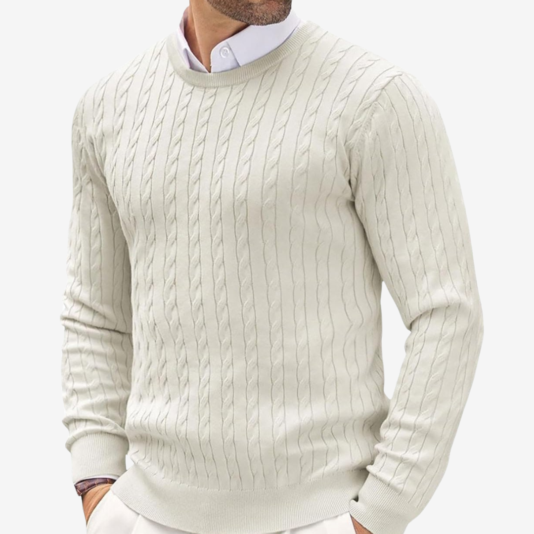 Men’s Sweater - 100% Cashmere - Tailored Fit - Crew Neck Cable Knit Long Sleeve