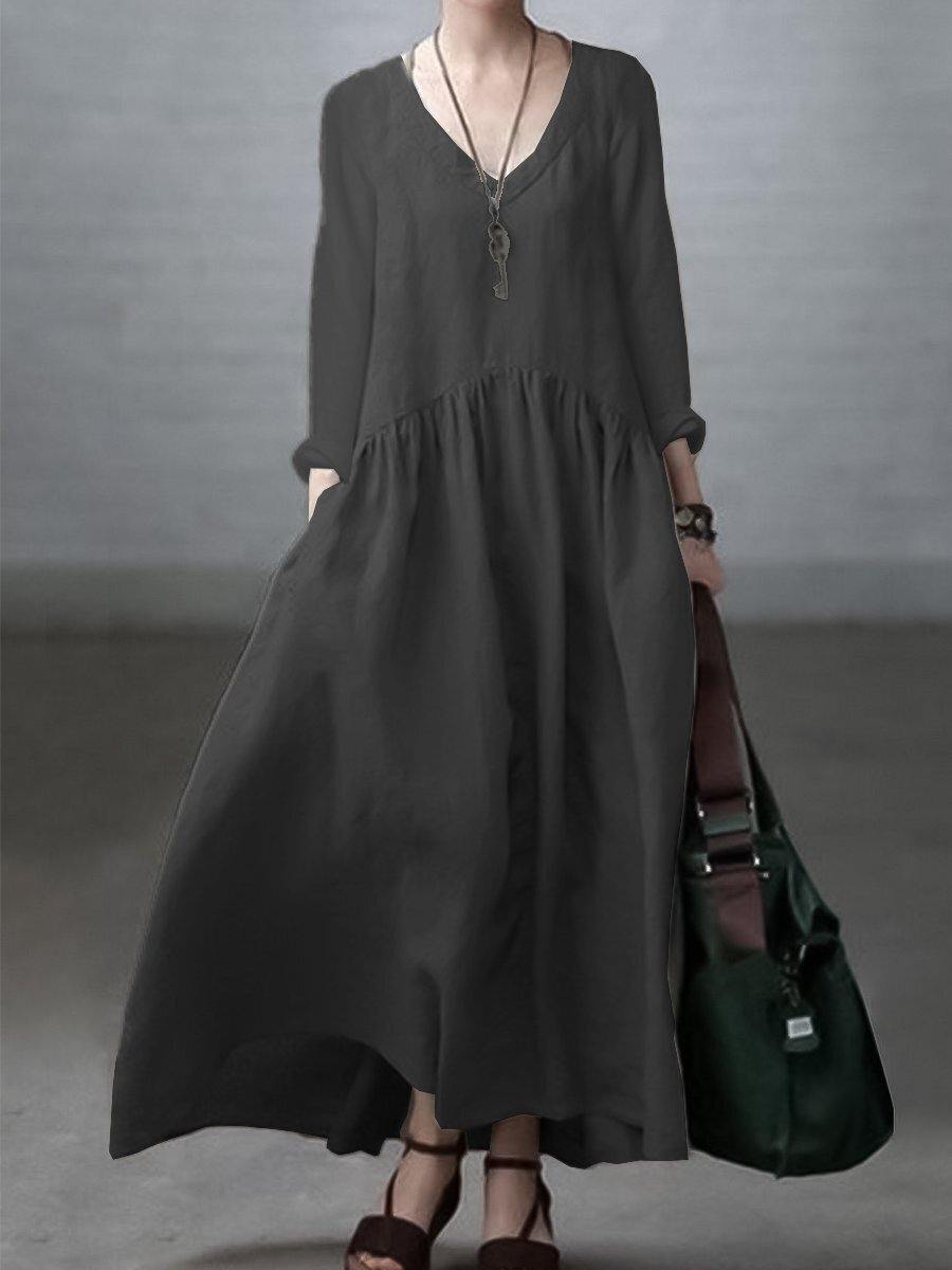 Women’s Maxi Dress – Natural Fibers – Relaxed Fit – V-Neck – Long Sleeve Casual Wear