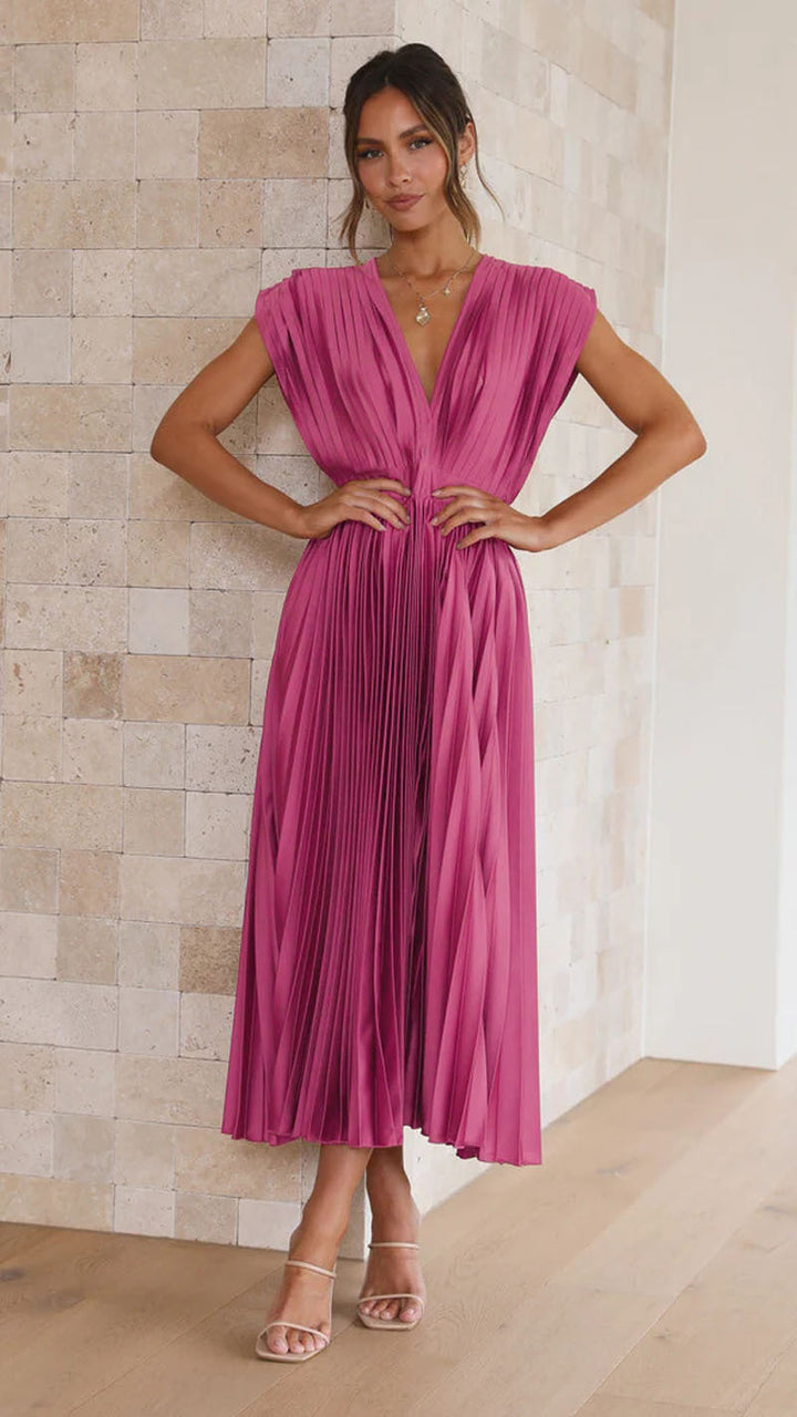 Women's Midi Dress - Deep V-Neck - Pleated Design - Cap Sleeves - Elegant Fit