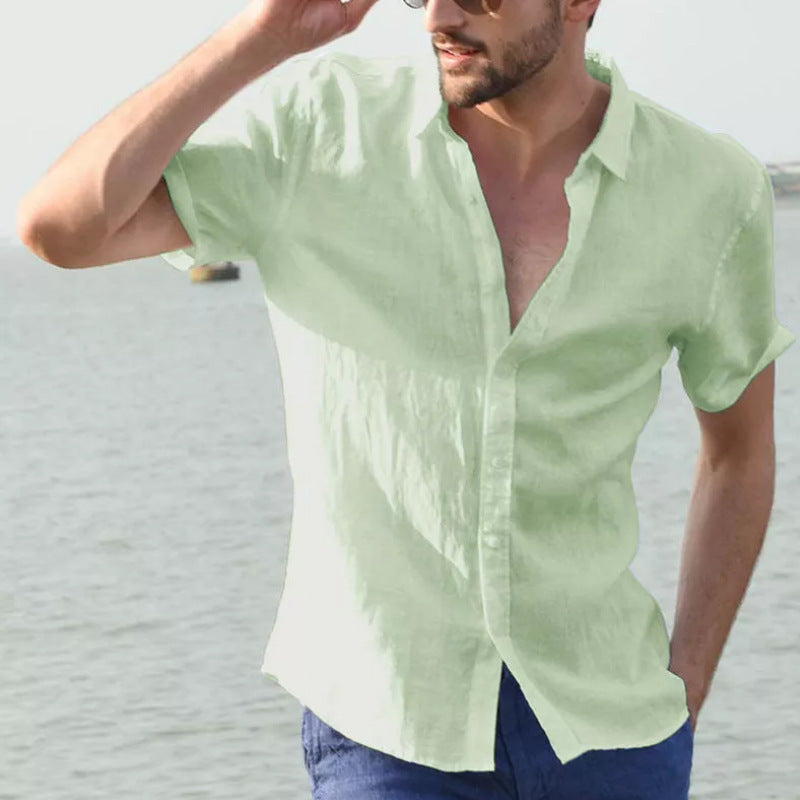 Men’s Short Sleeve Shirt - Linen Cotton Blend - Relaxed Fit - Button-Down Casual Wear