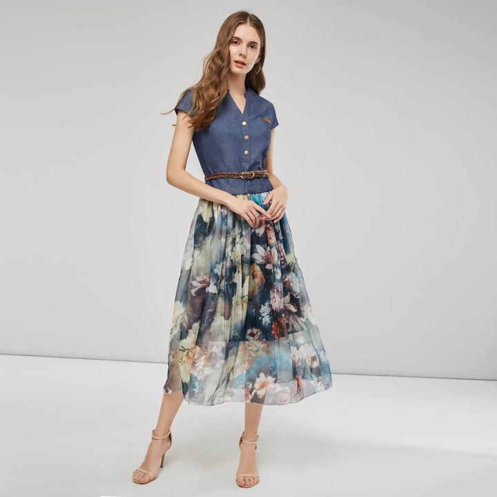 Women’s Maxi Dress – Flowing Fit – V-Neck – Button Front – Braided Waist – Breathable Blend