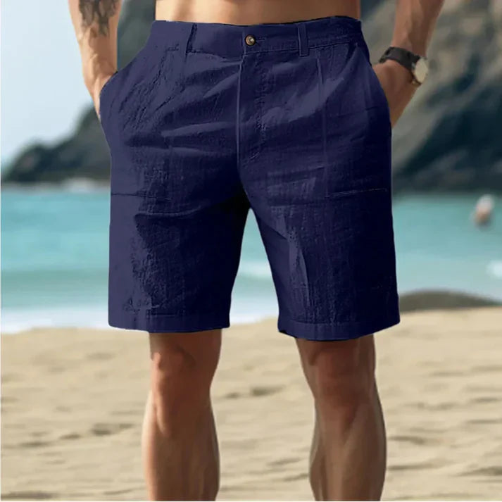 Men’s Linen Shorts - Tailored Fit - Mid Rise - Pleated Front - Button Closure Casual Wear