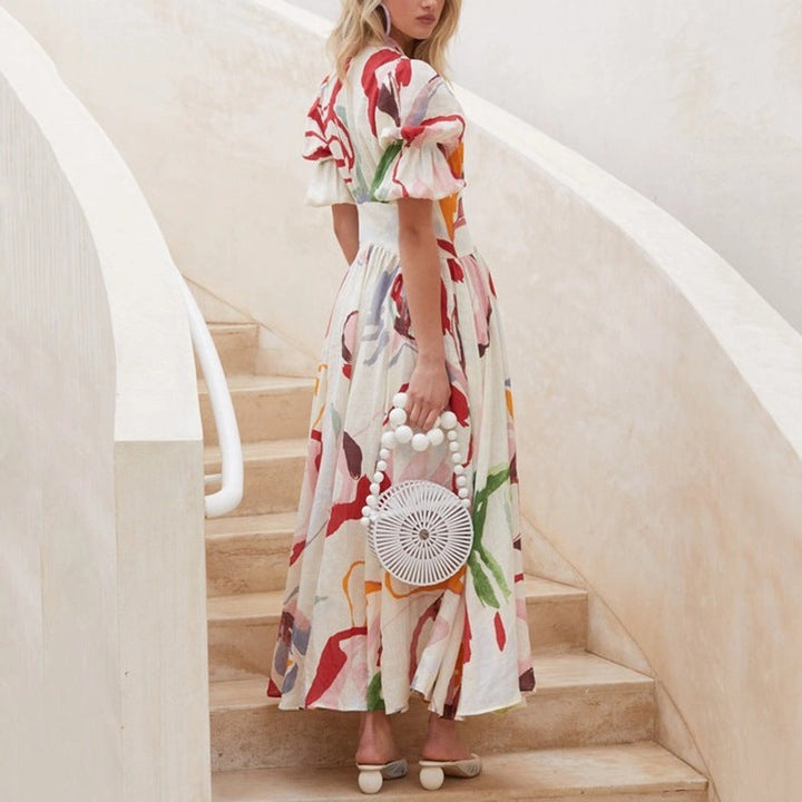 Women’s Maxi Dress - Natural Fibers - Relaxed Fit - Balloon Sleeves - Button Front