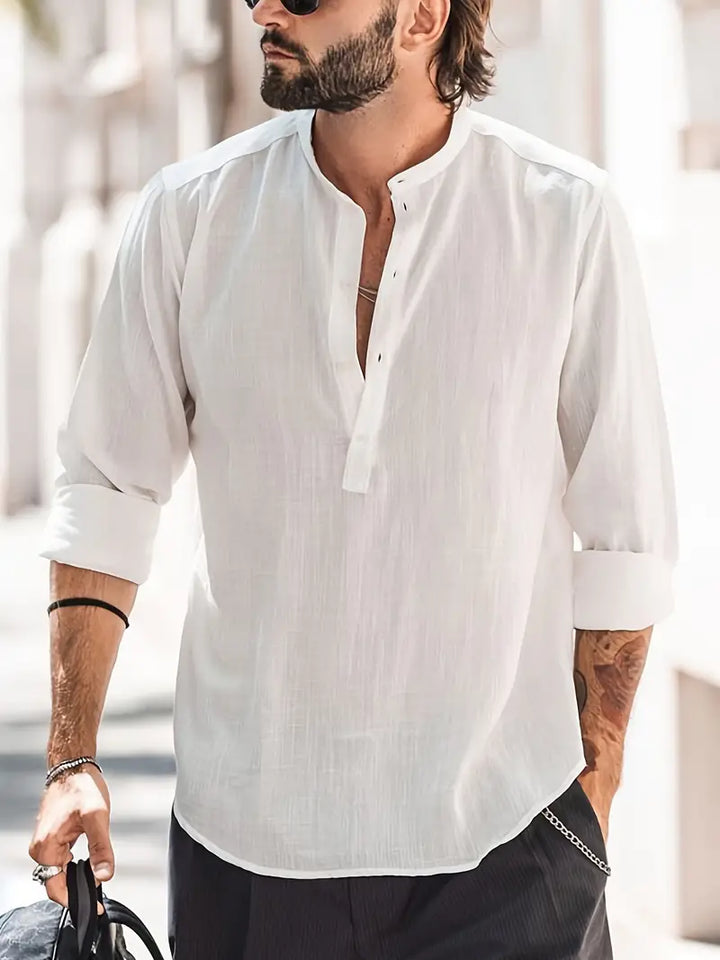 Men’s Long Sleeve Shirt - Relaxed Fit - Breathable Blend - Mandarin Collar Casual Style