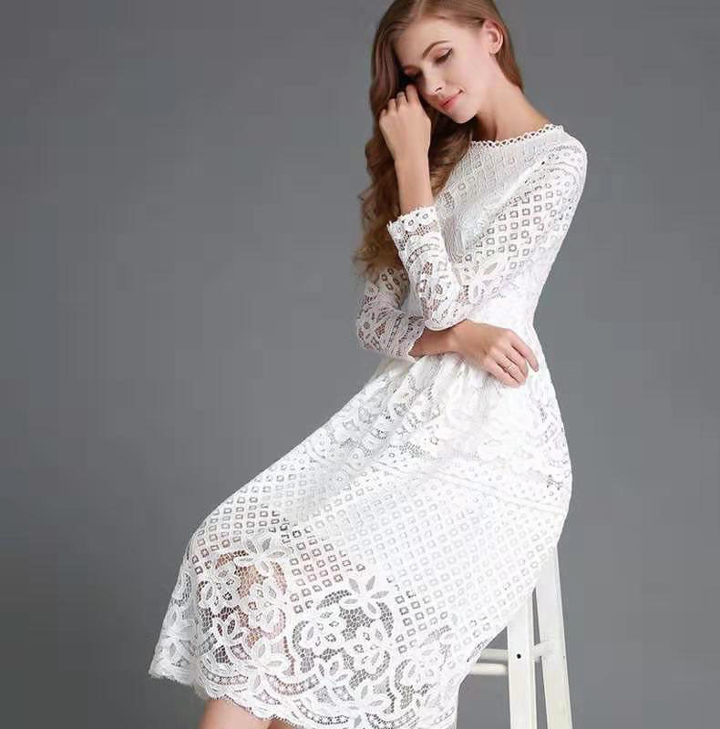 Women’s Midi Dress – Floral Lace Detail – Long Sleeve – Elegant A-Line Fit