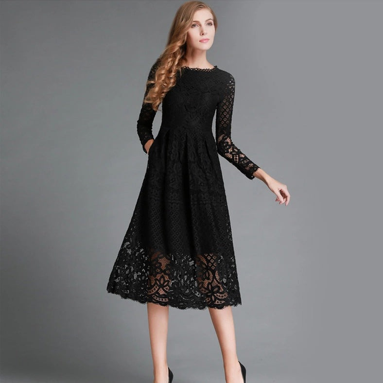 Women’s Midi Dress – Floral Lace Detail – Long Sleeve – Elegant A-Line Fit
