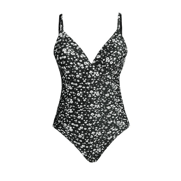 Women’s One-Piece Swimsuit – Ribbed Texture – V-Neck – Adjustable Straps – Floral Print