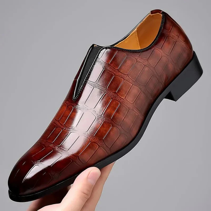 Men’s Dress Shoes - Glossy Leather - Crocodile Texture - Slip-On Low Top