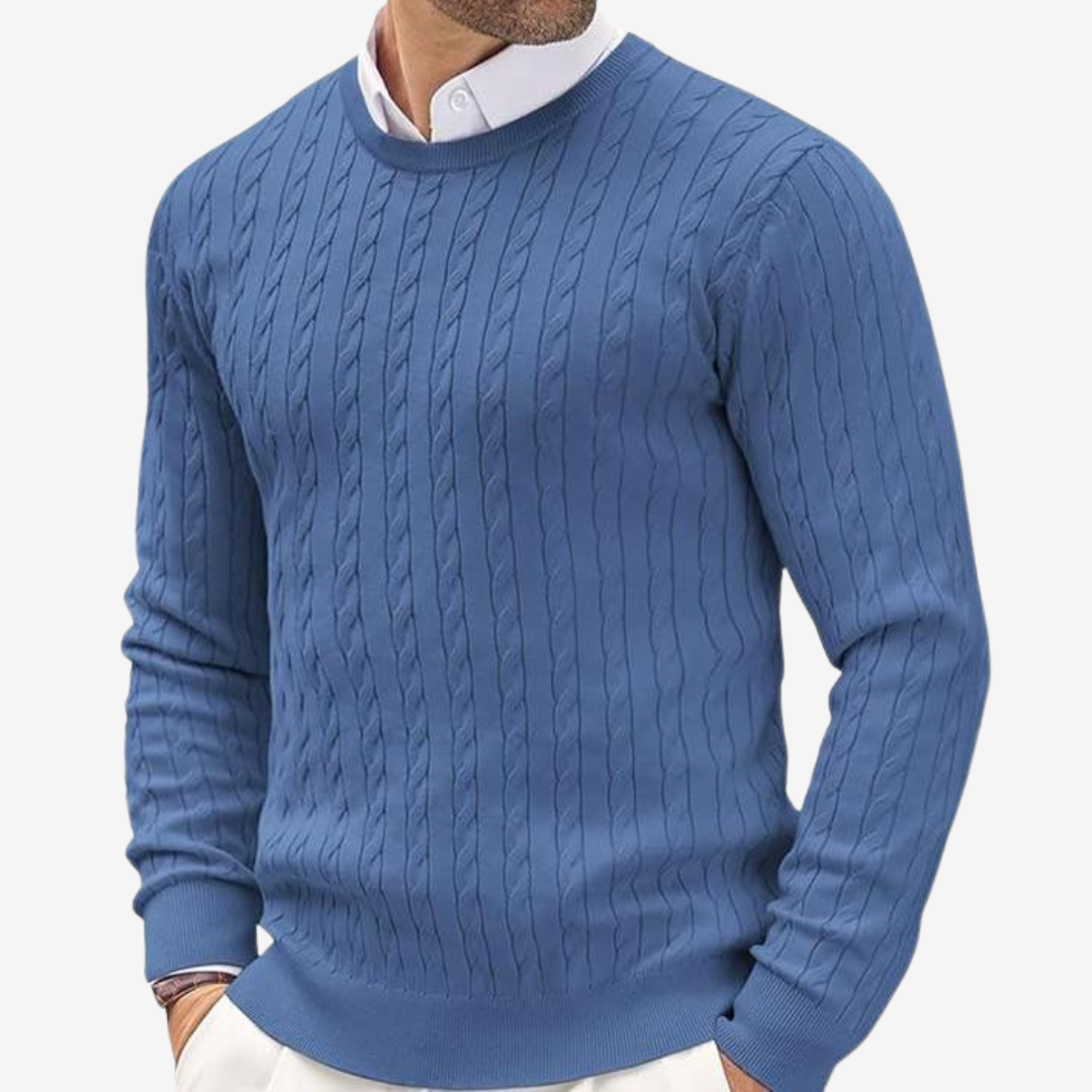 Men’s Sweater - 100% Cashmere - Tailored Fit - Crew Neck Cable Knit Long Sleeve