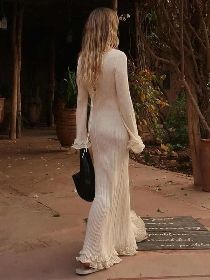Women’s Maxi Dress – Slim Fit – Ribbed Knit – Flared Sleeves – Ruffle Hem Detail