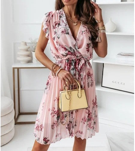 Women’s Wrap Dress – Flowy Fit – V-Neck – Ruffled Sleeves – Side Tie – Midi Length