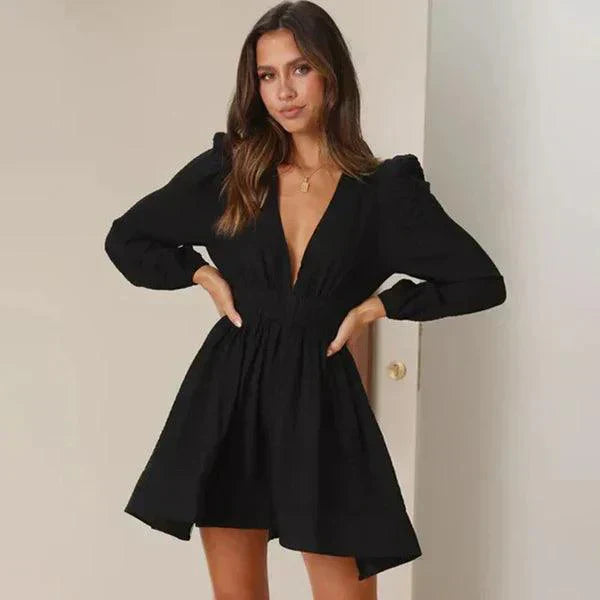 Women's Mini Dress - Deep V-Neck - Long Sleeve - Cinched Waist - A-Line Silhouette