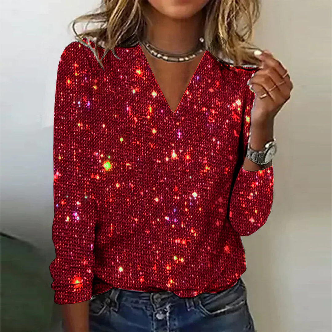 Women’s Sequin Top – V-Neck – Long Sleeve – Regular Fit – Sparkling Party Wear