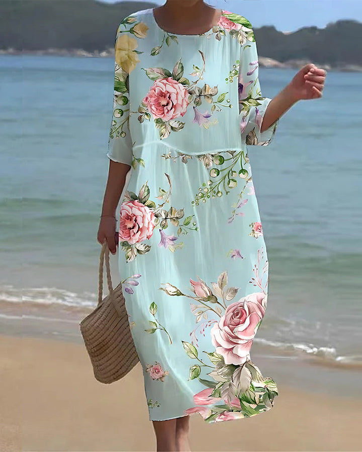 Women’s Maxi Dress – Breathable Blend – Loose Fit – 3/4 Sleeve – Round Neck