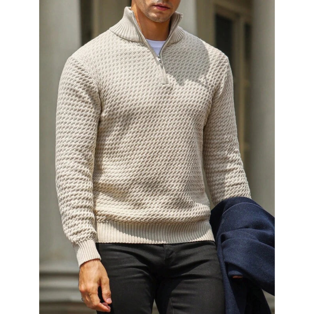 Men’s Half-Zip Sweater – Textured Knit – Tailored Fit – Ribbed Collar & Cuffs