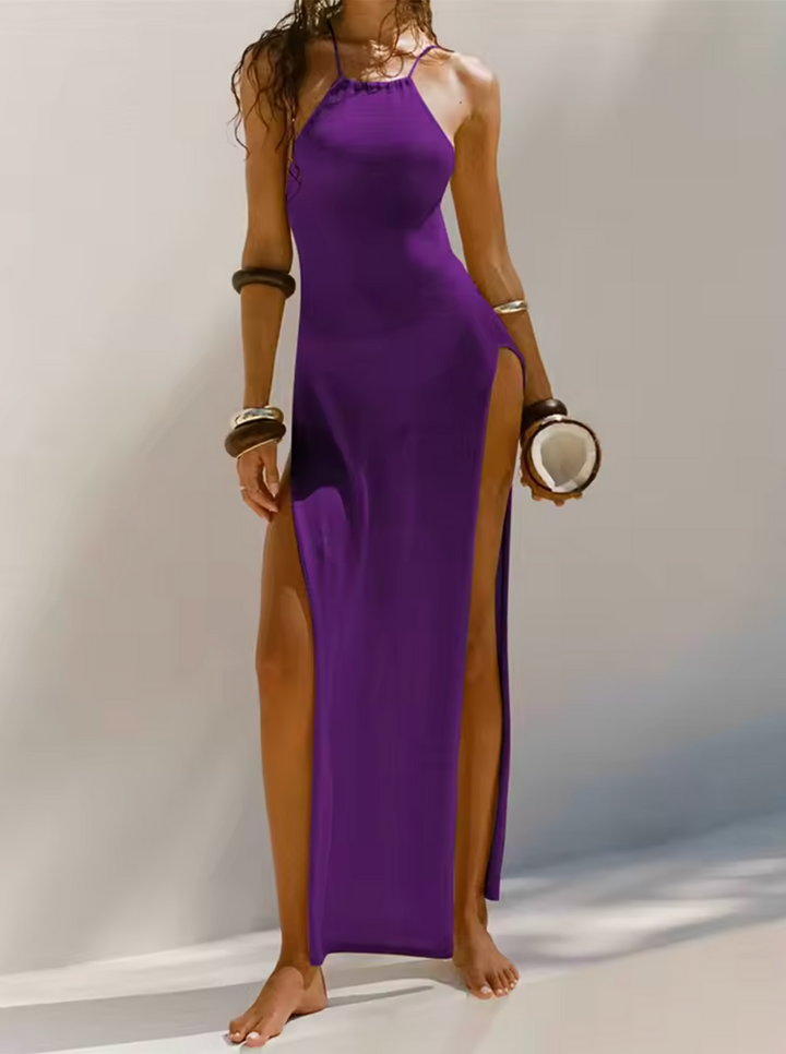Women's Halter Maxi Dress - Sleeveless Fitted Silhouette - High Side Slits Elegant Wear