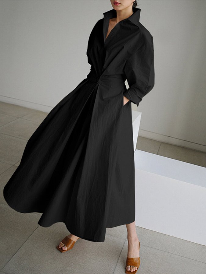 Women's Shirt Dress - Cotton Blend - Long Sleeve - Button Front - Cinched Waist Elegant Fit
