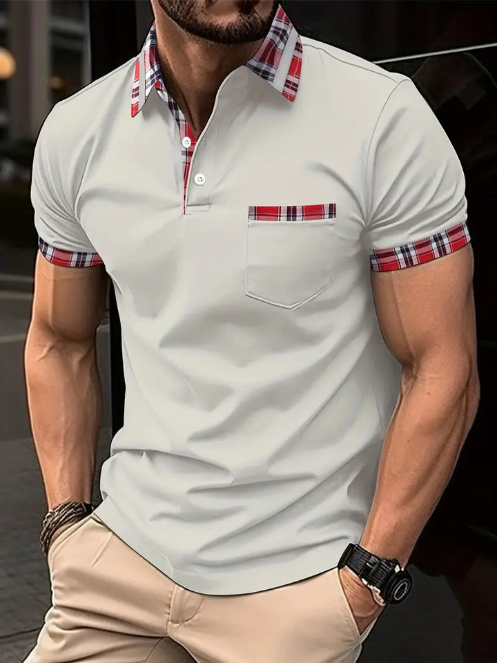 Men’s Polo Shirt - Plaid Collar & Sleeve Trim - Short Sleeve - Buttoned Placket - Chest Pocket