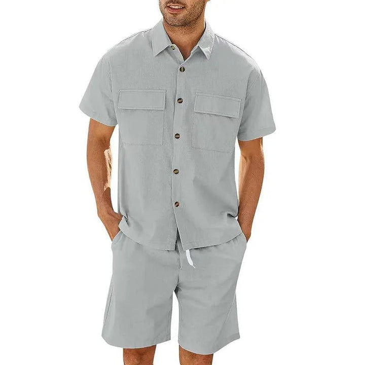 Men’s Shirt and Shorts Set – Relaxed Fit – Breathable Blend – Drawstring Waist – Button-Down