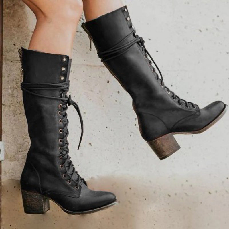 Women’s Knee-High Boots – Leather – Lace-Up Front – Chunky Heel – Side Zip Closure