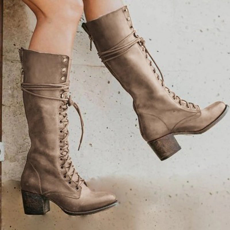Women’s Knee-High Boots – Leather – Lace-Up Front – Chunky Heel – Side Zip Closure