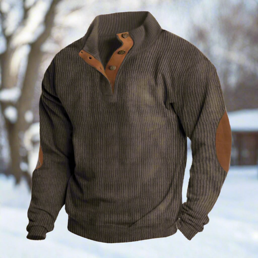 Men’s Knitted Sweater – Ribbed Texture – Relaxed Fit – High Button Collar – Elbow Patches