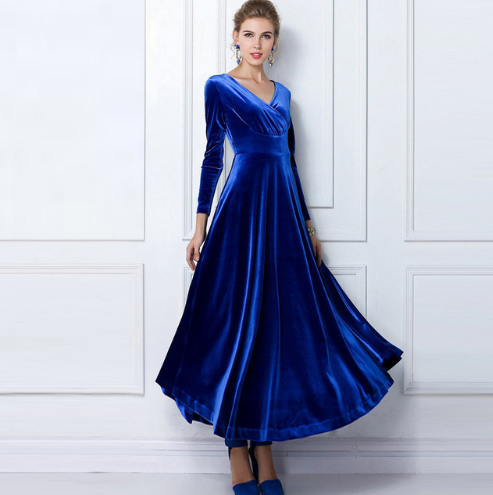 Women’s Evening Dress – Velvet – A-Line Fit – Deep V-Neck – Long Sleeve Elegant Gown