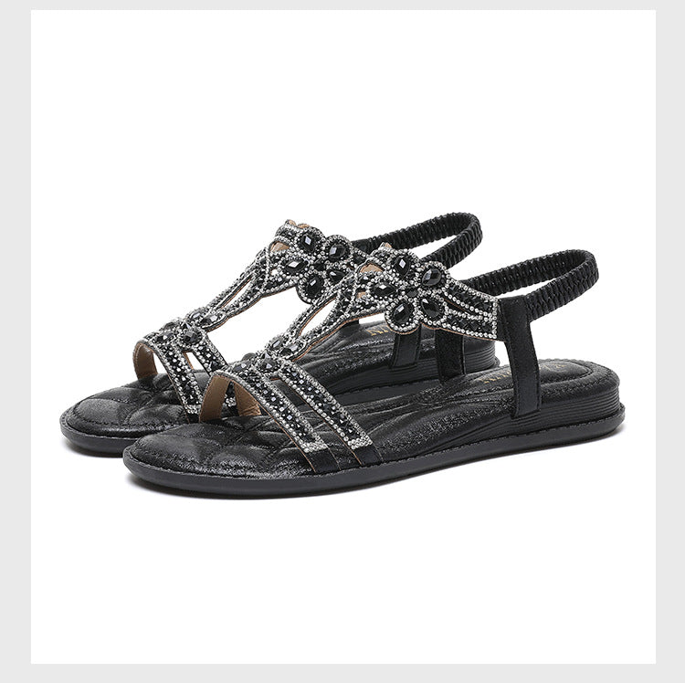Women’s Flat Sandals – Open Toe – Rhinestone Straps – Cut-Out Slingback Design