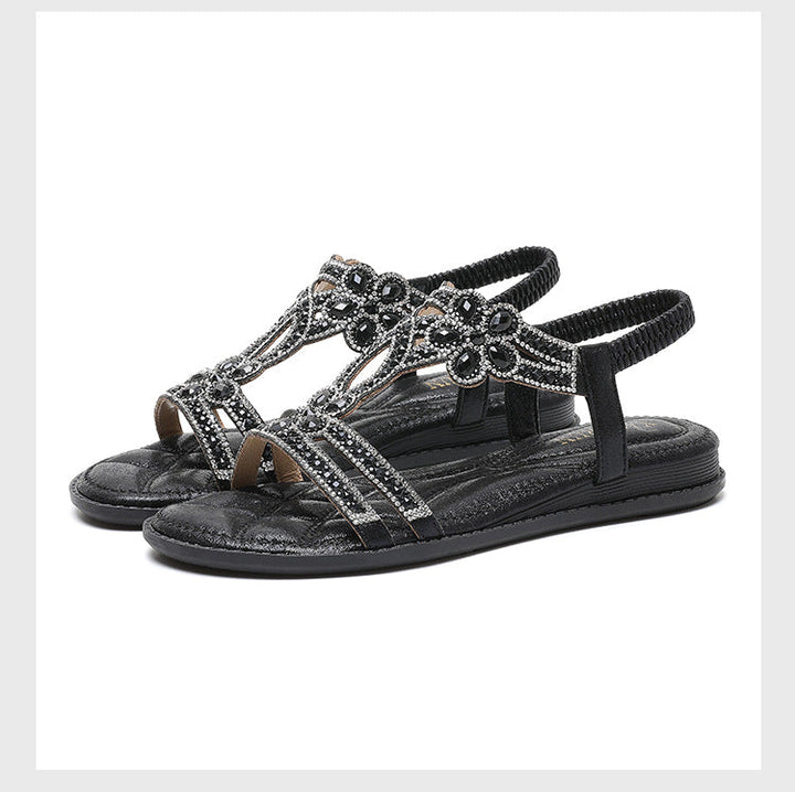 Women’s Flat Sandals – Open Toe – Rhinestone Straps – Cut-Out Slingback Design