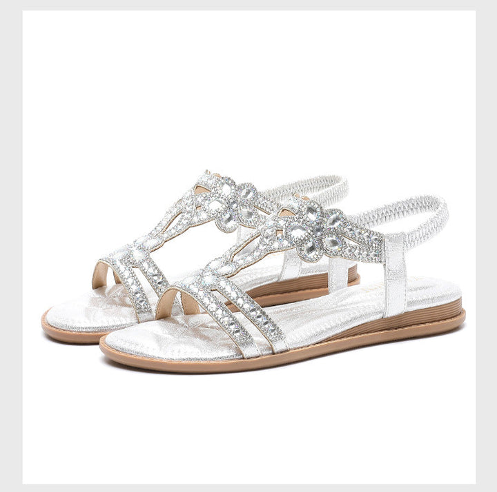 Women’s Flat Sandals – Open Toe – Rhinestone Straps – Cut-Out Slingback Design