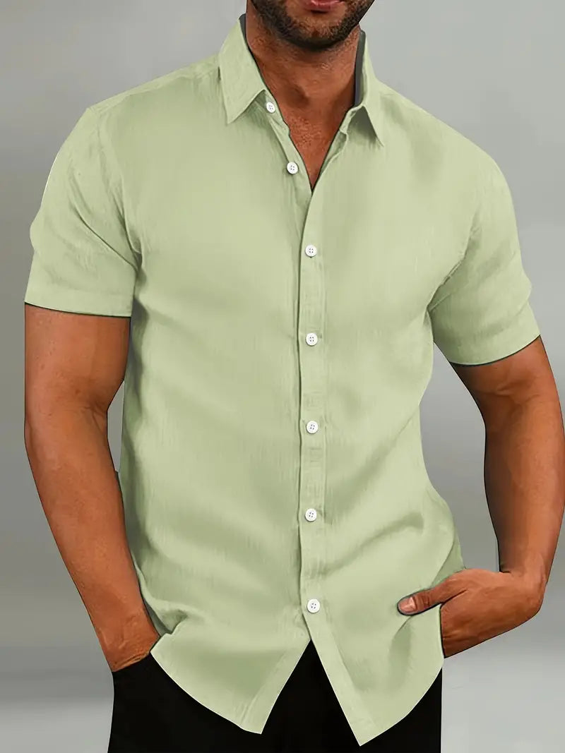 Men’s Button-Down Shirt - Tailored Fit - Short Sleeve - Natural Fibers - Casual Style