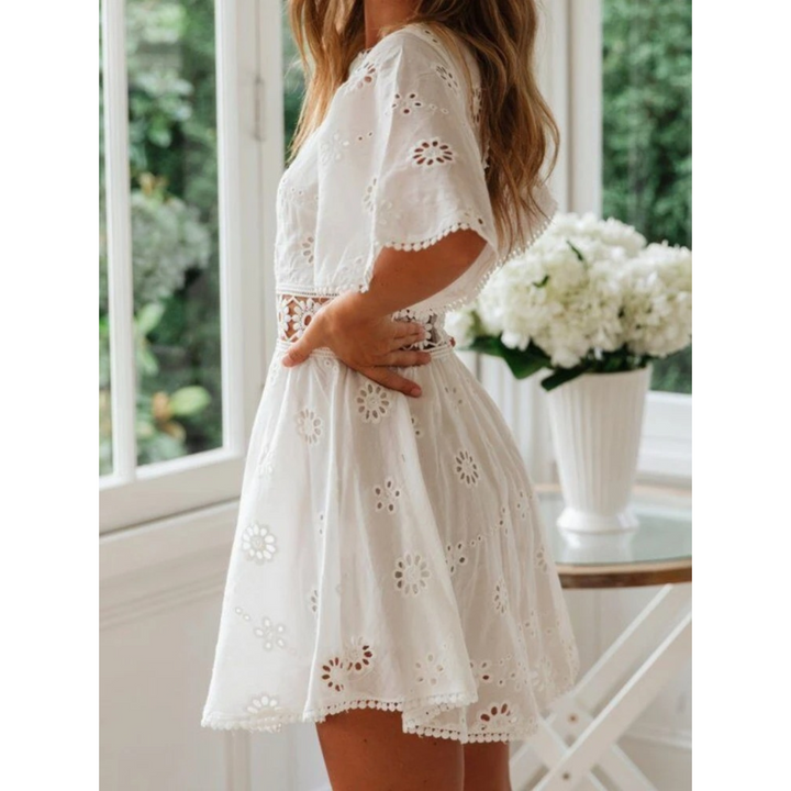 Women's Lace Dress - Eyelet Embroidered - A-Line Fit - Short Sleeve Elegant Design