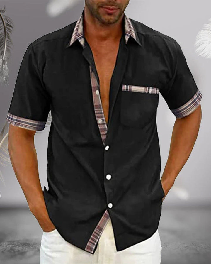 Men’s Short Sleeve Shirt – Regular Fit – Breathable Blend – Plaid Trim Casual Style