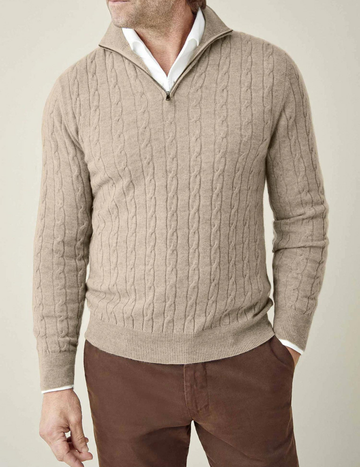 Men’s Sweater – Wool Blend – Cable Knit – Half Zip – Stand Collar – Smart Casual Fit