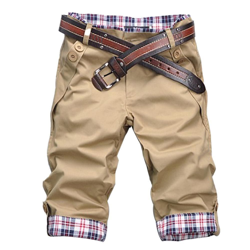 Men’s Cropped Pants – Relaxed Fit – Belted Waist – Plaid Cuff Detail
