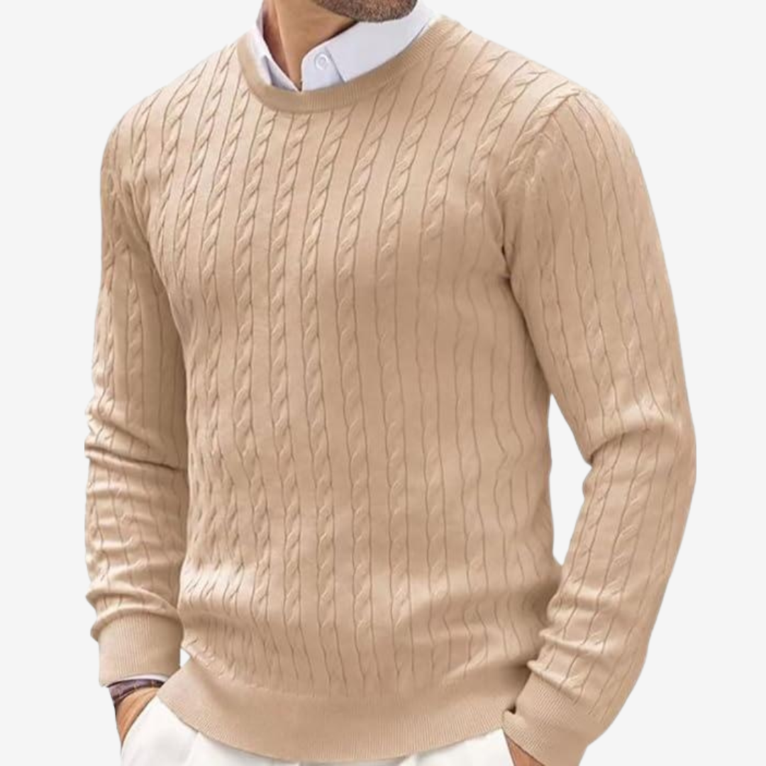 Men’s Sweater - 100% Cashmere - Tailored Fit - Crew Neck Cable Knit Long Sleeve
