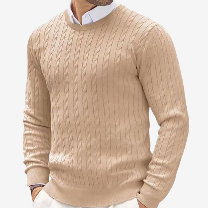 Men’s Sweater - 100% Cashmere - Tailored Fit - Crew Neck Cable Knit Long Sleeve