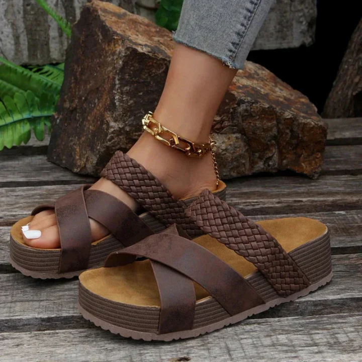 Women’s Sandals – Textured Braided Straps – Cushioned Footbed – Open Toe Slip-On