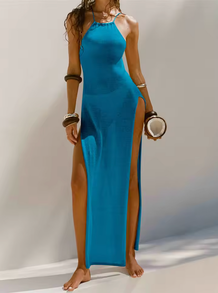 Women's Halter Maxi Dress - Sleeveless Fitted Silhouette - High Side Slits Elegant Wear