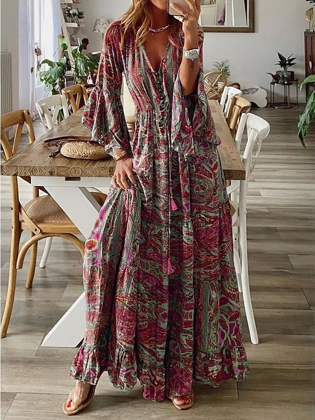 Women's Maxi Dress - Bohemian Paisley Print - Bell Sleeves - Deep V-Neck - Flowy Fit