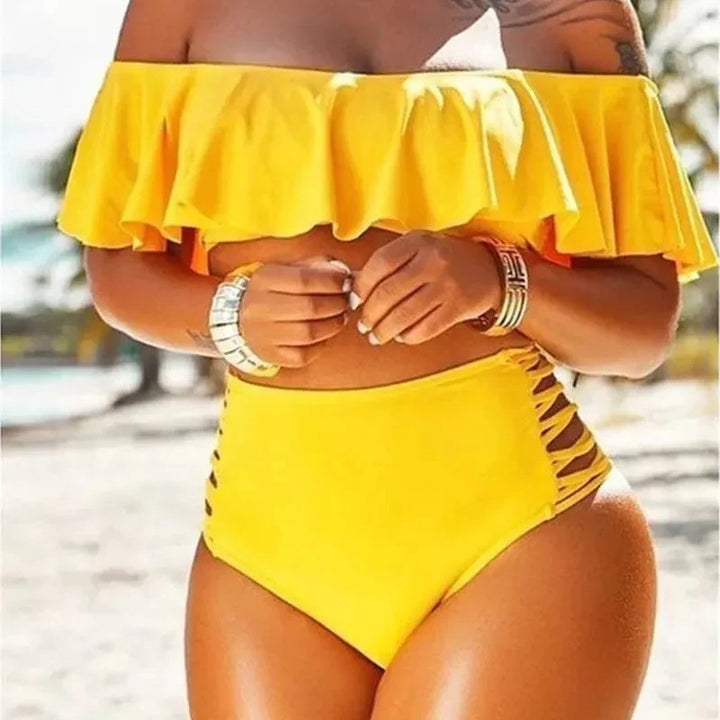 Women’s Bikini Set – High Waist Fit – Off-Shoulder Ruffle Top – Side Cut-Out Details