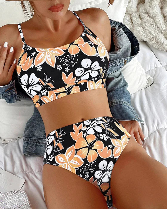 Women’s Bikini Set - High Waisted - Tank Top - Floral Print - Breathable Blend