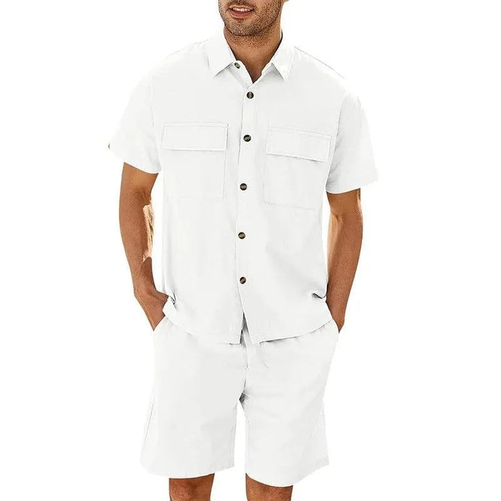 Men’s Shirt and Shorts Set – Relaxed Fit – Breathable Blend – Drawstring Waist – Button-Down