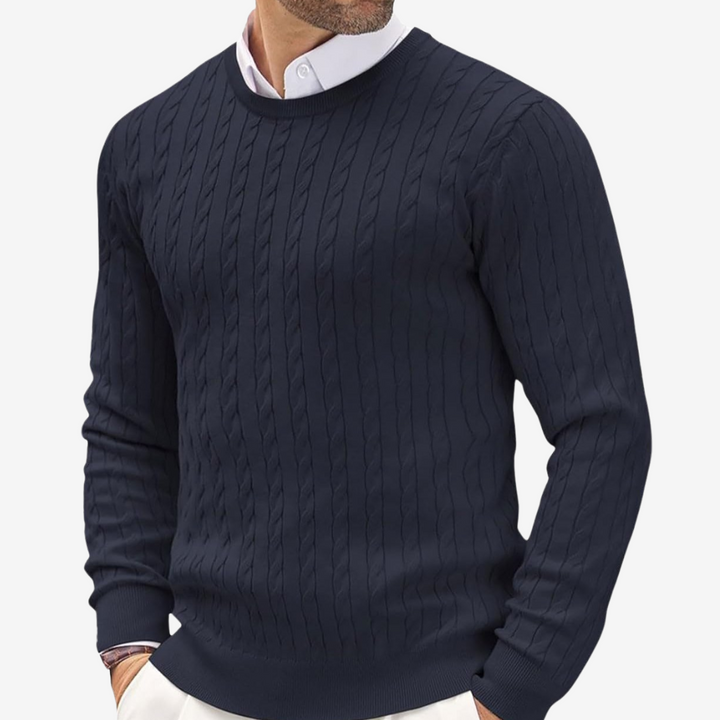 Men’s Sweater - 100% Cashmere - Tailored Fit - Crew Neck Cable Knit Long Sleeve