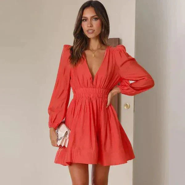 Women's Mini Dress - Deep V-Neck - Long Sleeve - Cinched Waist - A-Line Silhouette