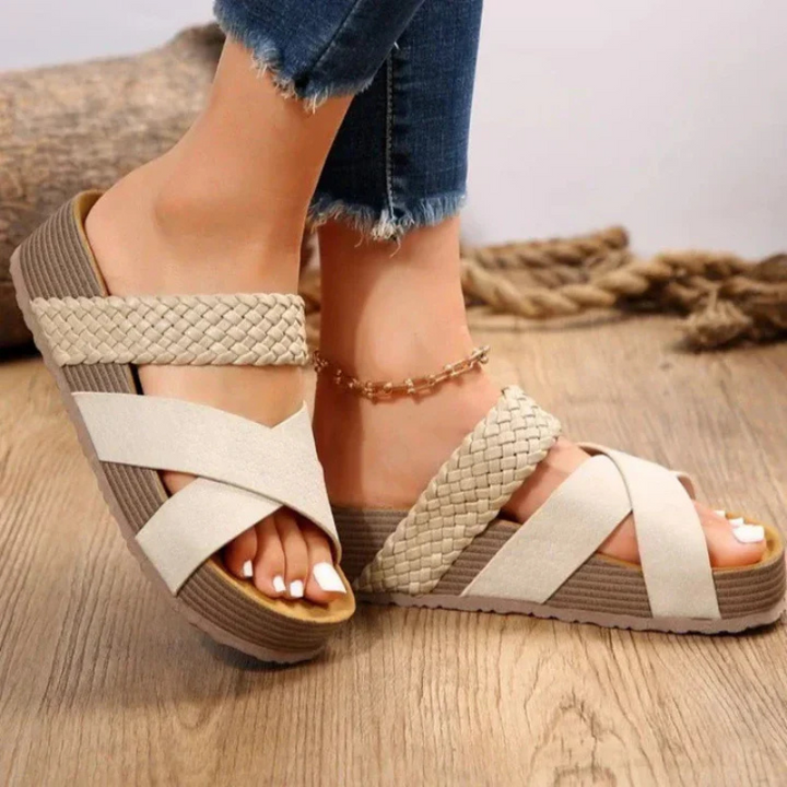 Women’s Sandals – Textured Braided Straps – Cushioned Footbed – Open Toe Slip-On